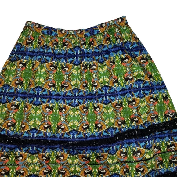 Sam Edelman Tulum Parrot Print Midi Skirt Size 12 Crochet Panels Bird Rockabilly - Picture 6 of 12